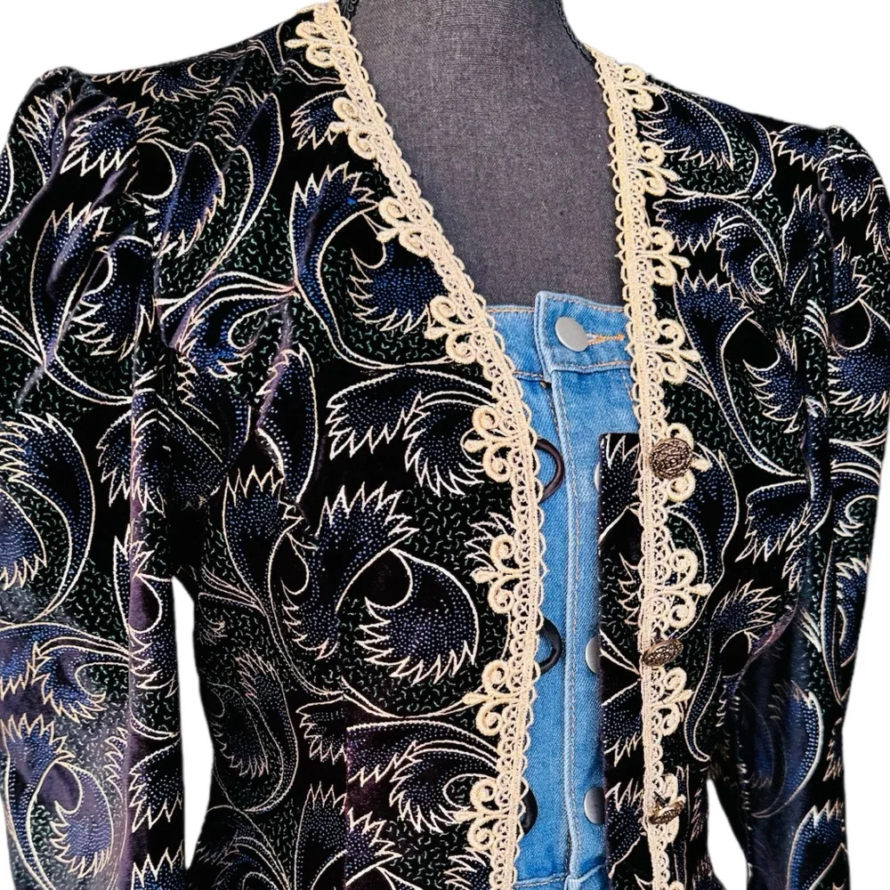 Scott McClintock Vintage Black Velvet Puffer Gold Trim  Blazer 80s Jacket - Picture 6 of 10